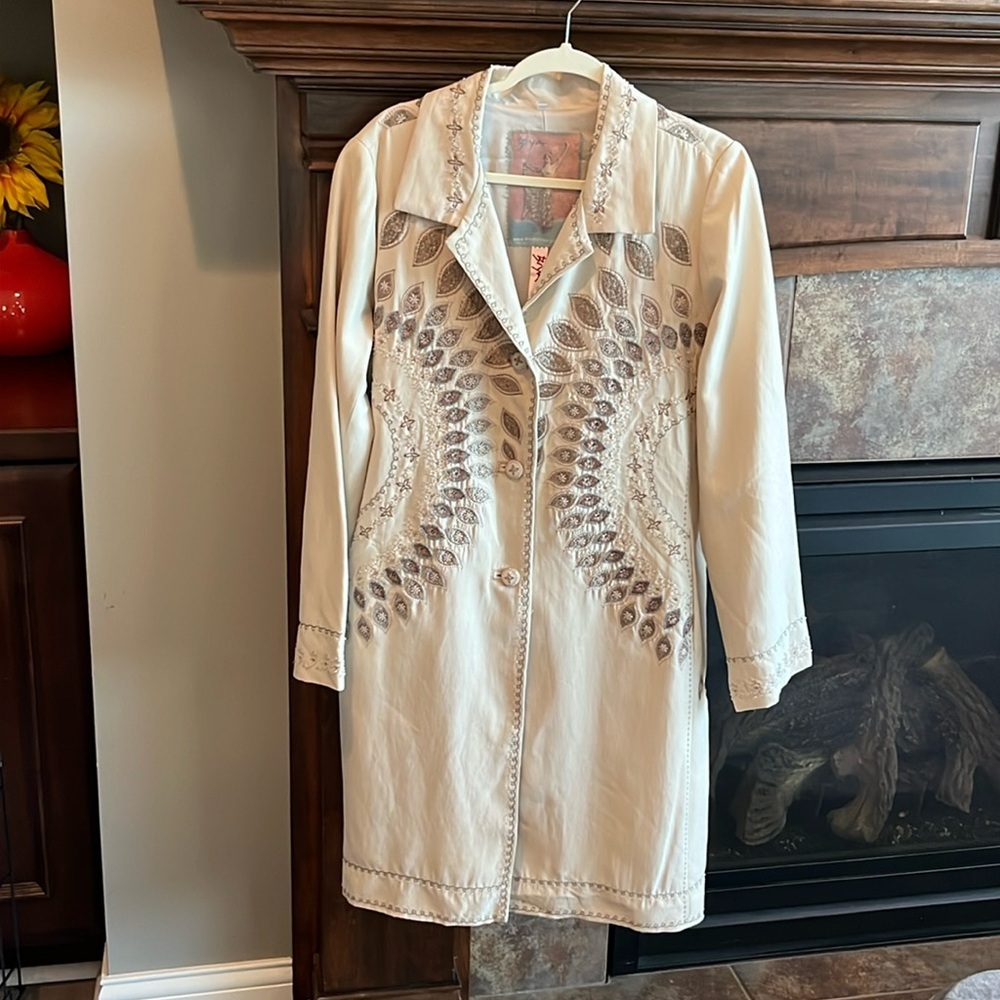 Johnny Was BIYA silk/linen neutral tan jacket coat embroidery beaded boho XL